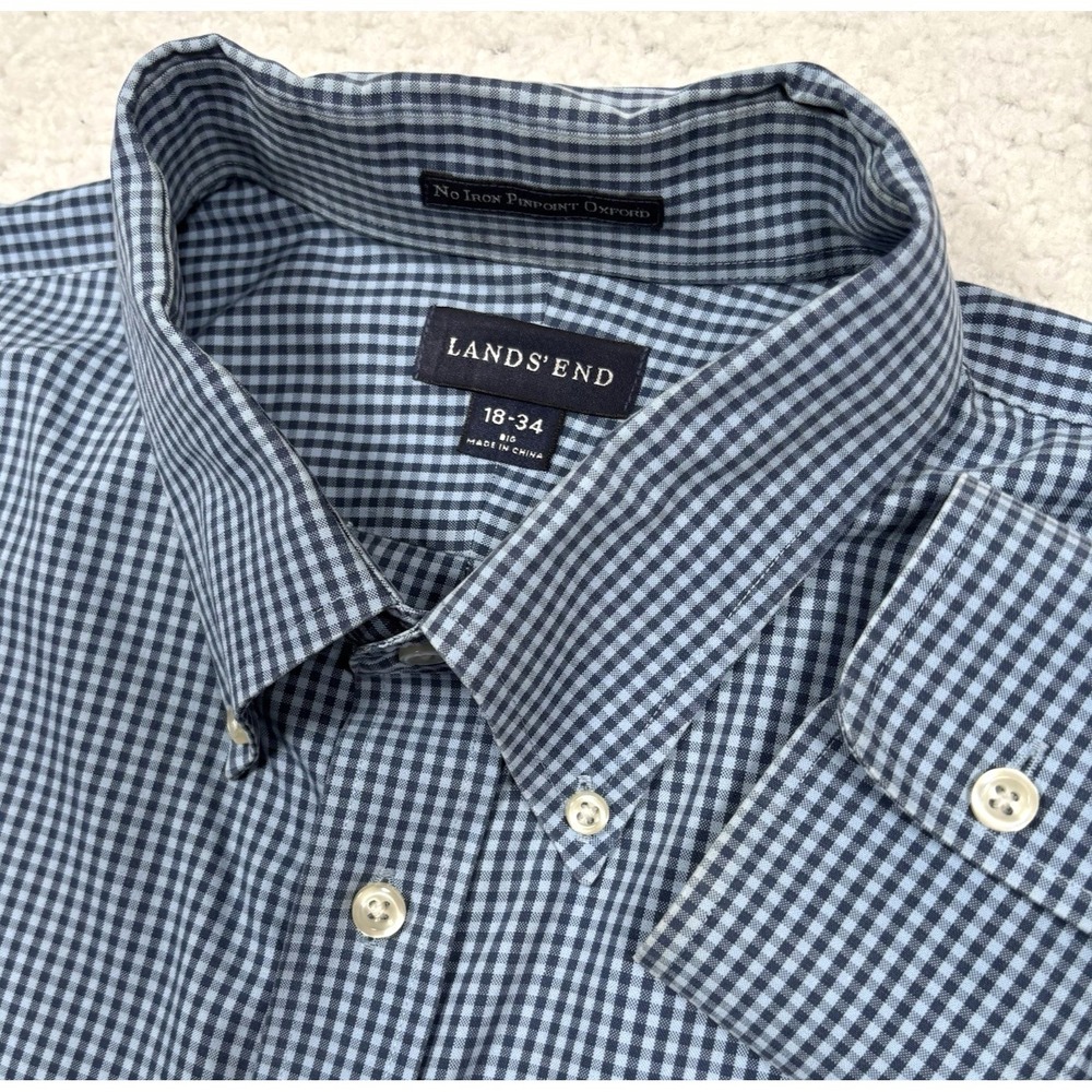 Lands End Button Shirt Mens‎ 3XL  18 34 BIG Blue Gingham Check NO IRON Oxford